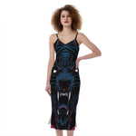 Dark Geometric Wolf Print Slim Fit Midi Cami Dress