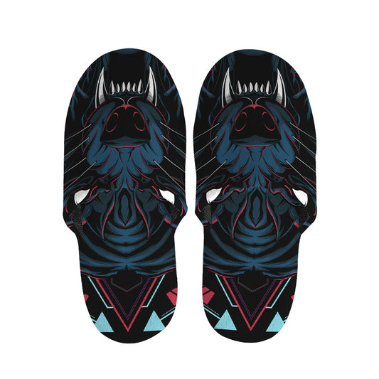 Dark Geometric Wolf Print Slippers