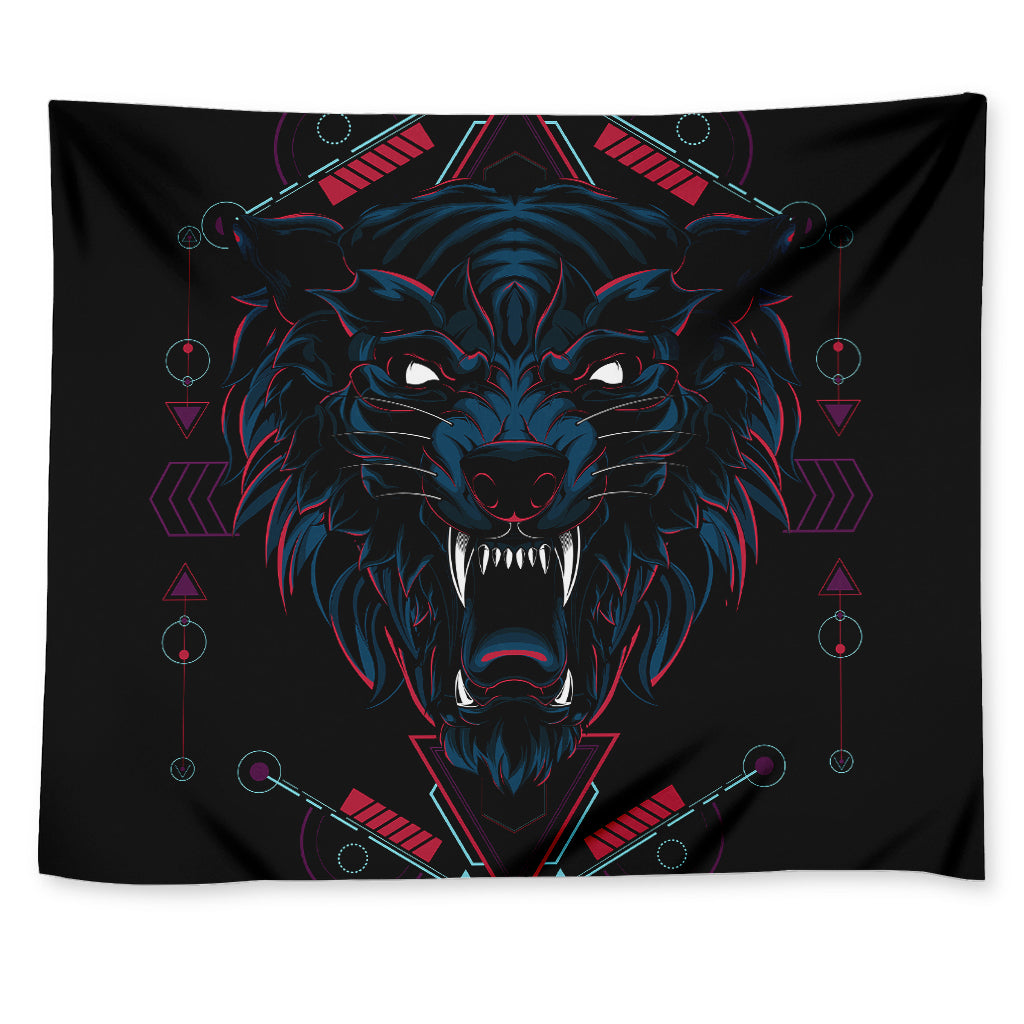 Dark Geometric Wolf Print Tapestry