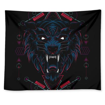 Dark Geometric Wolf Print Tapestry