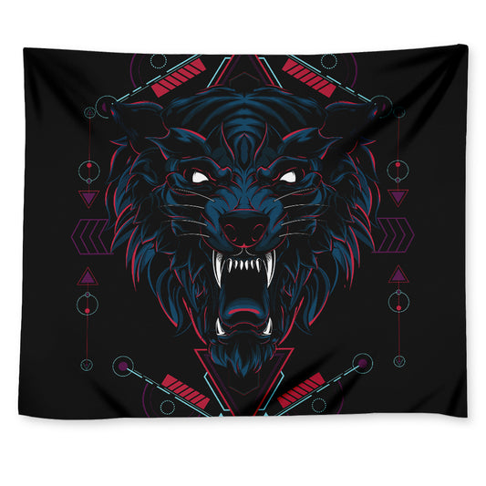 Dark Geometric Wolf Print Tapestry