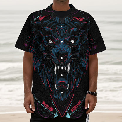 Dark Geometric Wolf Print Textured Short Sleeve Shirt