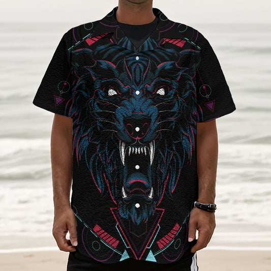 Dark Geometric Wolf Print Textured Short Sleeve Shirt