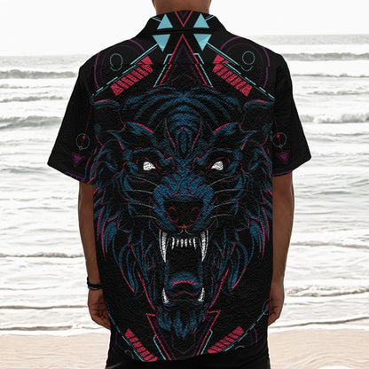 Dark Geometric Wolf Print Textured Short Sleeve Shirt