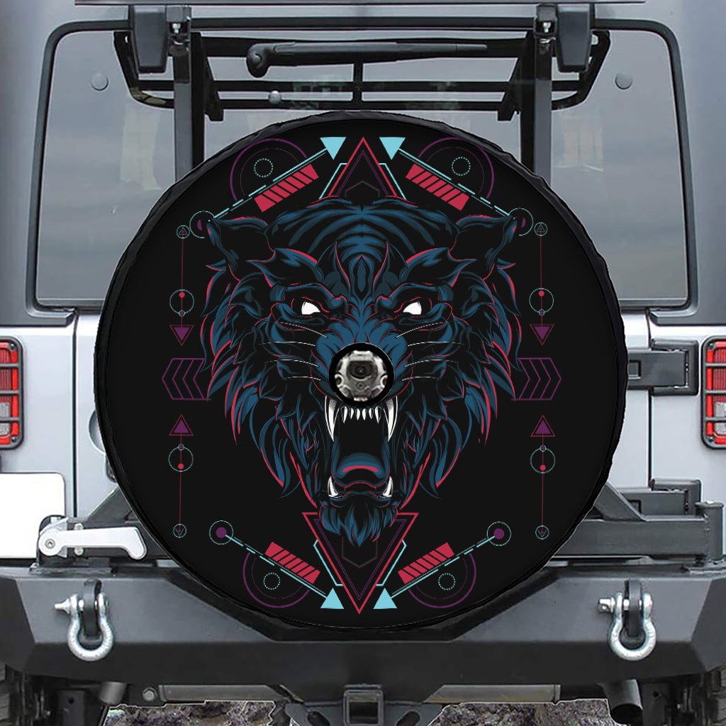 Dark Geometric Wolf Print Tire Cover With Camera Hole