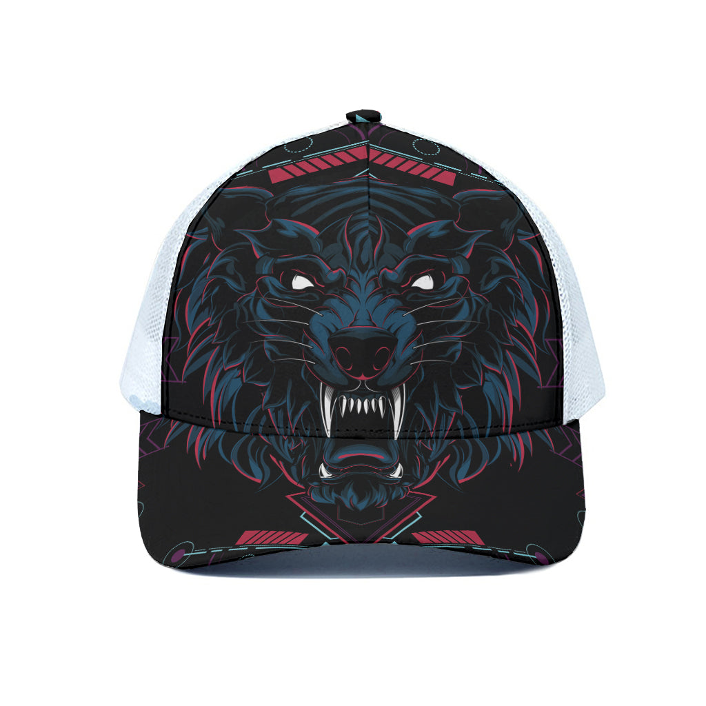 Dark Geometric Wolf Print White Mesh Trucker Cap