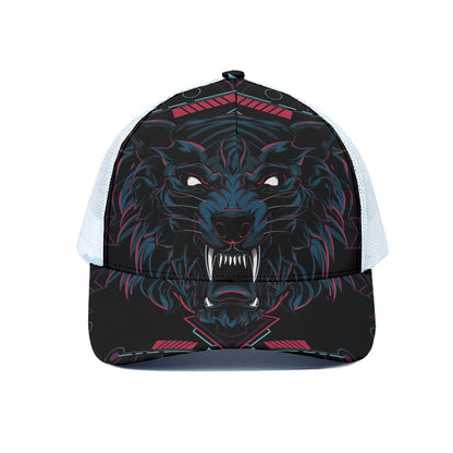 Dark Geometric Wolf Print White Mesh Trucker Cap
