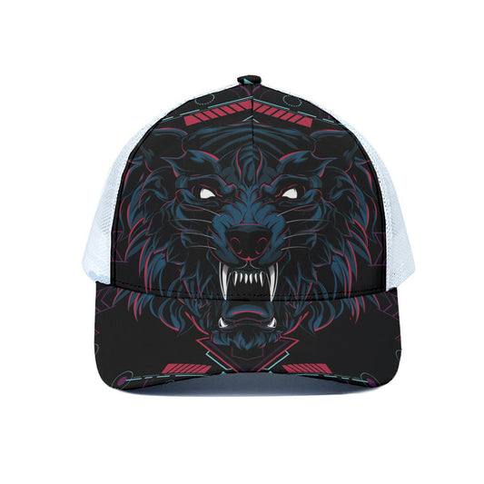 Dark Geometric Wolf Print White Mesh Trucker Cap