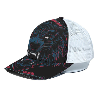 Dark Geometric Wolf Print White Mesh Trucker Cap
