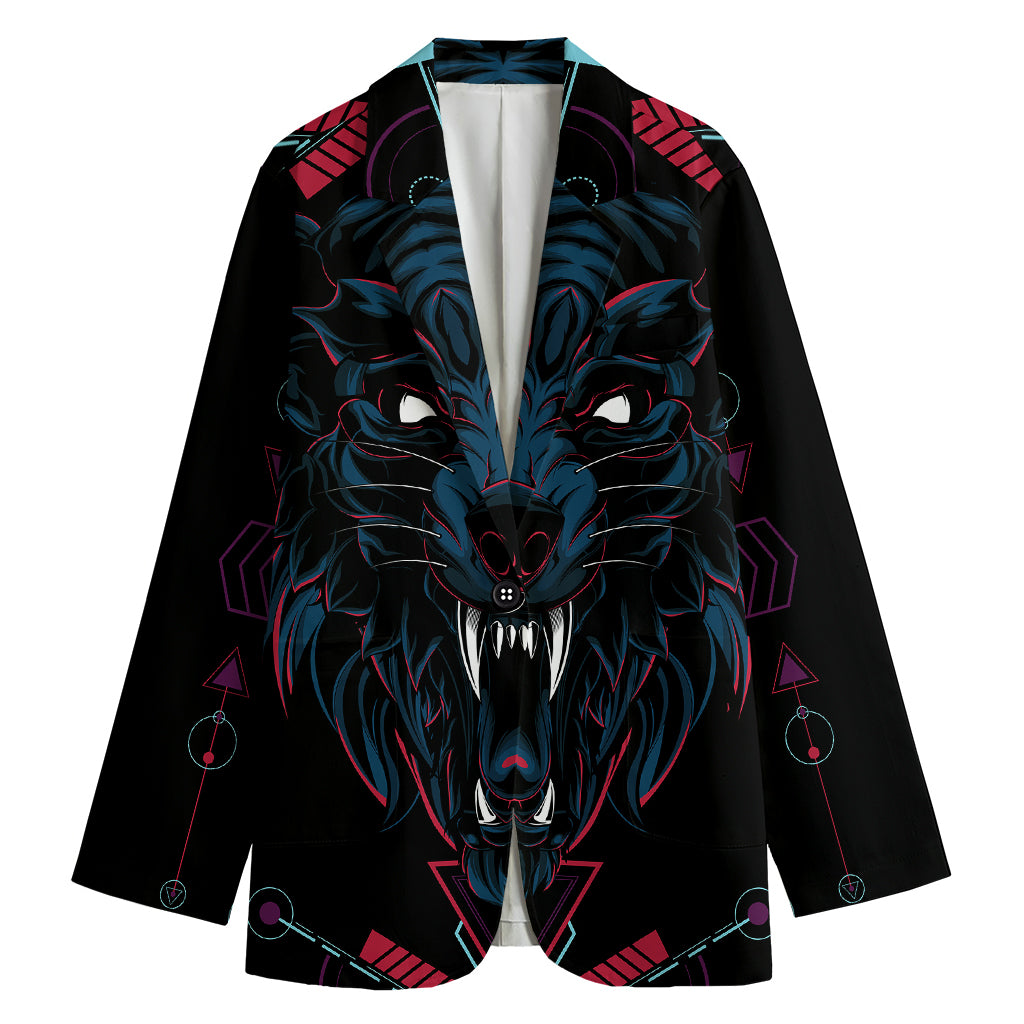 Dark Geometric Wolf Print Women's Cotton Blazer