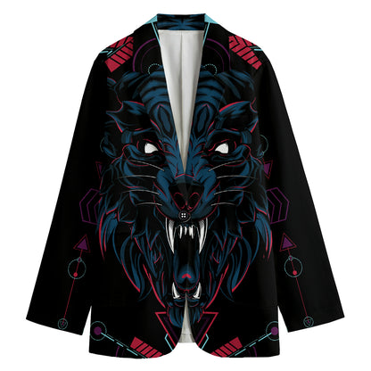Dark Geometric Wolf Print Women's Cotton Blazer