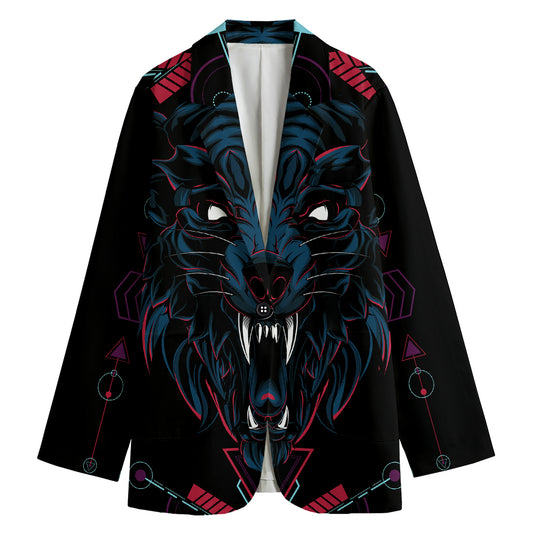Dark Geometric Wolf Print Women's Cotton Blazer