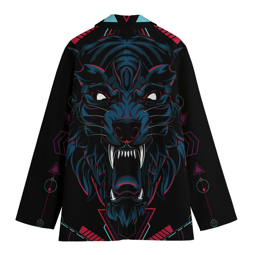 Dark Geometric Wolf Print Women's Cotton Blazer