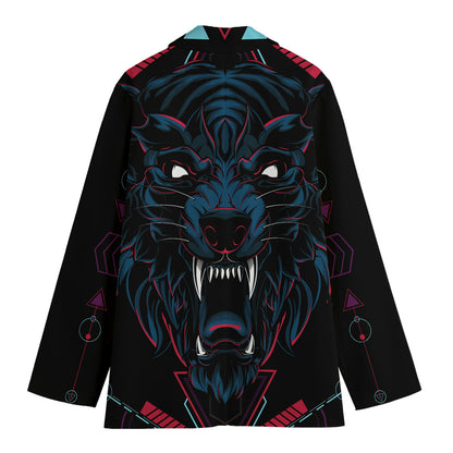 Dark Geometric Wolf Print Women's Cotton Blazer