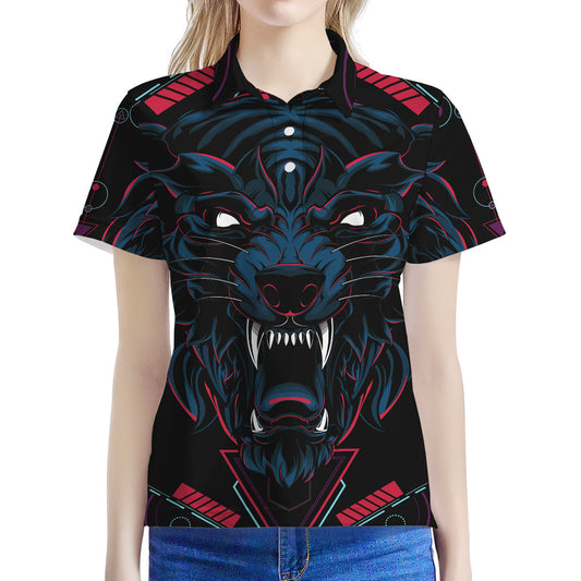 Dark Geometric Wolf Print Women's Polo Shirt