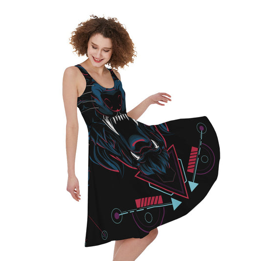 Dark Geometric Wolf Print Women's Sleeveless Dress