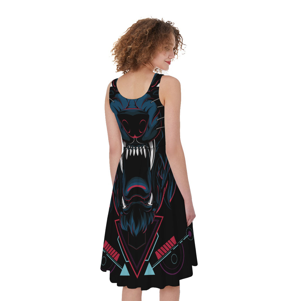 Dark Geometric Wolf Print Women's Sleeveless Dress