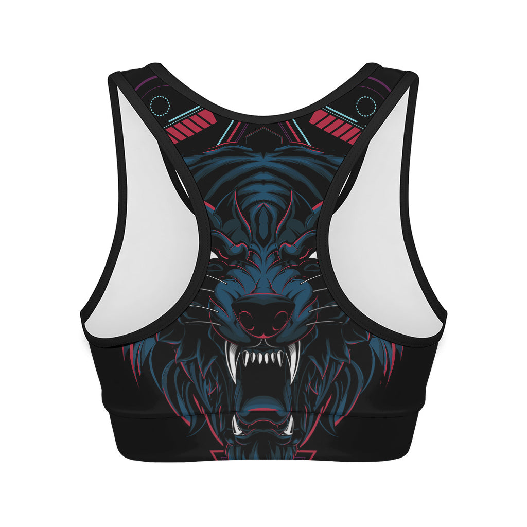 Dark Geometric Wolf Print Women's Sports Bra