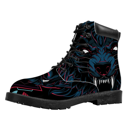 Dark Geometric Wolf Print Work Boots