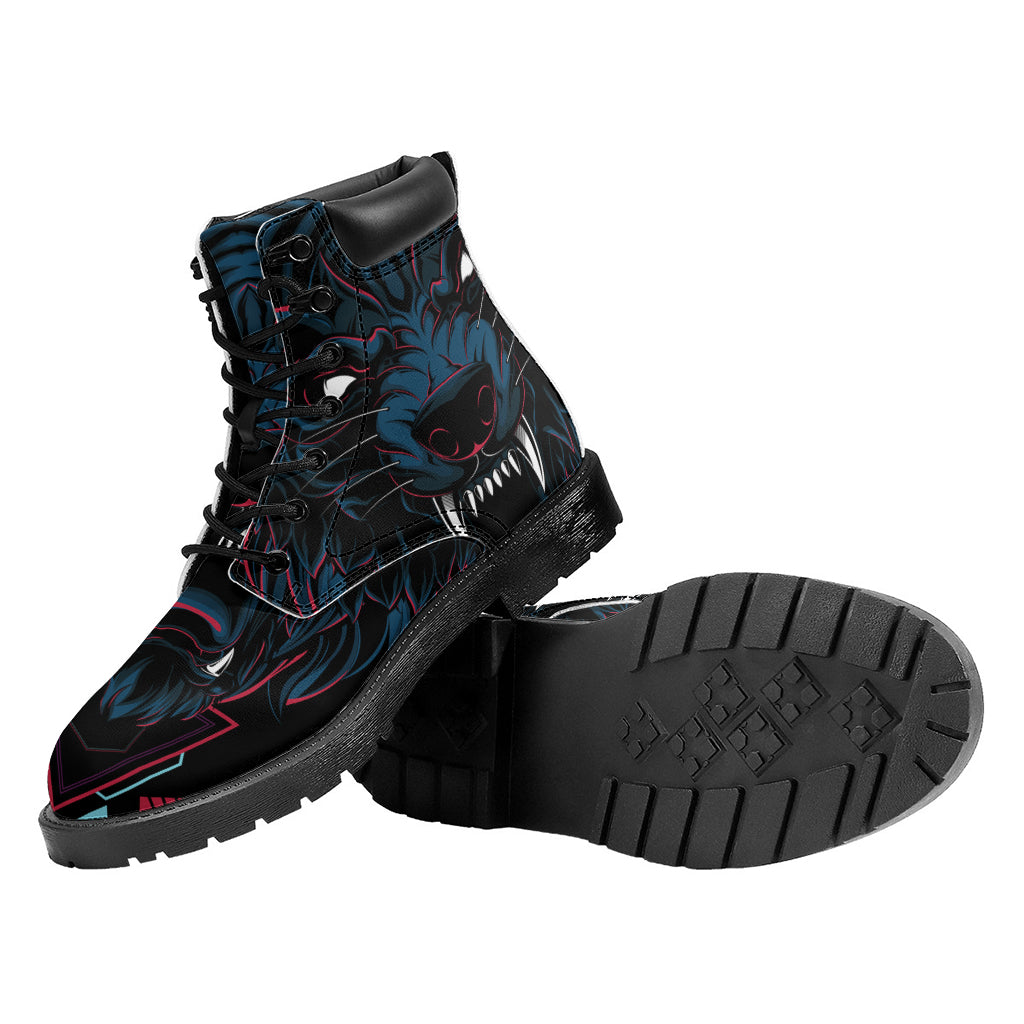 Dark Geometric Wolf Print Work Boots