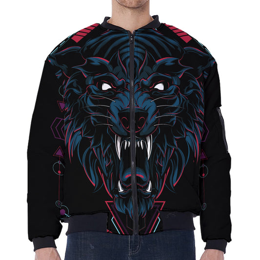 Dark Geometric Wolf Print Zip Sleeve Bomber Jacket