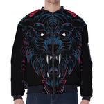 Dark Geometric Wolf Print Zip Sleeve Bomber Jacket