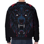 Dark Geometric Wolf Print Zip Sleeve Bomber Jacket