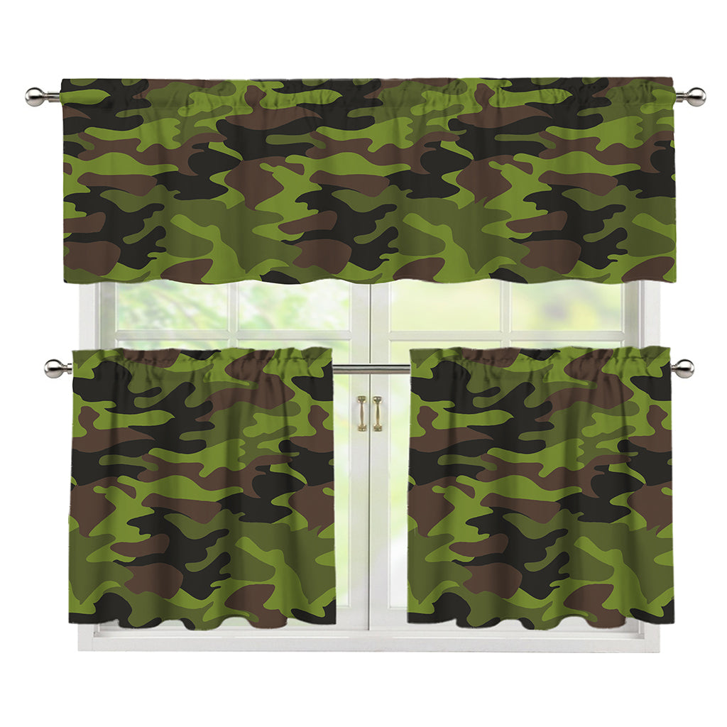 Dark Green And Black Camouflage Print 3 Piece Kitchen Curtains