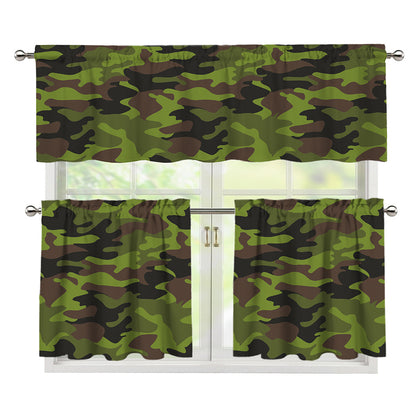 Dark Green And Black Camouflage Print 3 Piece Kitchen Curtains
