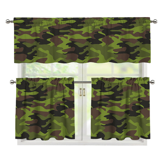 Dark Green And Black Camouflage Print 3 Piece Kitchen Curtains