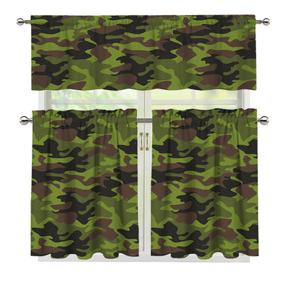 Dark Green And Black Camouflage Print 3 Piece Kitchen Curtains