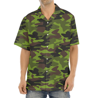 Dark Green And Black Camouflage Print Aloha Shirt