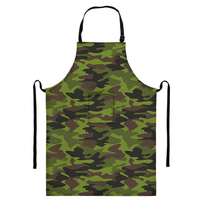 Dark Green And Black Camouflage Print Bib Apron With Pocket