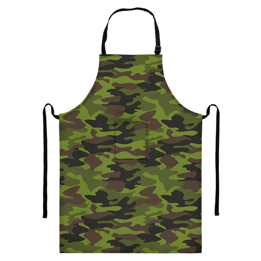 Dark Green And Black Camouflage Print Bib Apron With Pocket