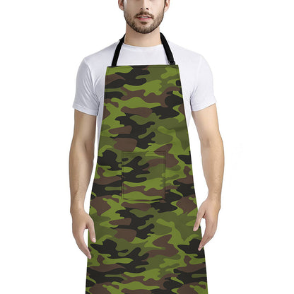 Dark Green And Black Camouflage Print Bib Apron With Pocket
