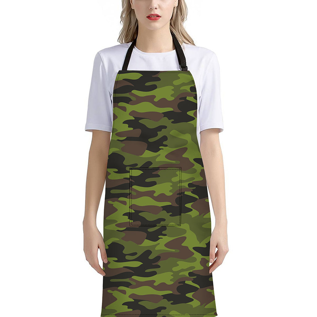 Dark Green And Black Camouflage Print Bib Apron With Pocket