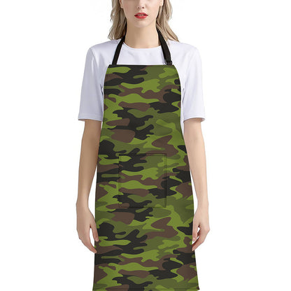 Dark Green And Black Camouflage Print Bib Apron With Pocket