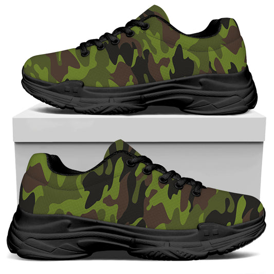 Dark Green And Black Camouflage Print Black Chunky Shoes