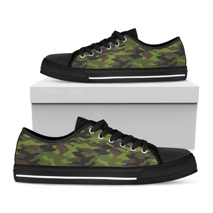 Dark Green And Black Camouflage Print Black Low Top Sneakers