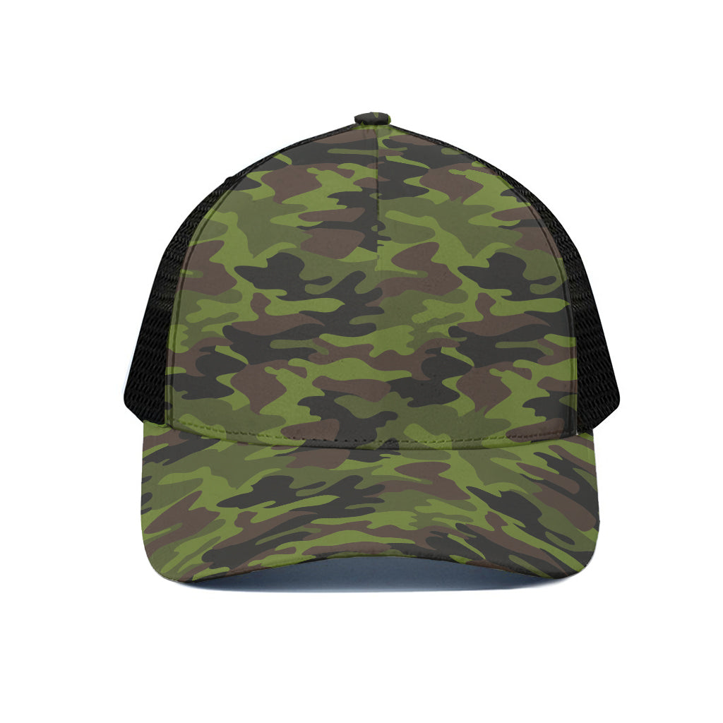 Dark Green And Black Camouflage Print Black Mesh Trucker Cap