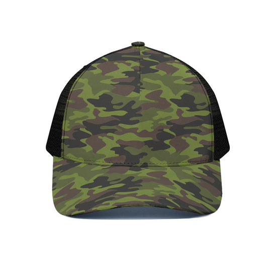 Dark Green And Black Camouflage Print Black Mesh Trucker Cap