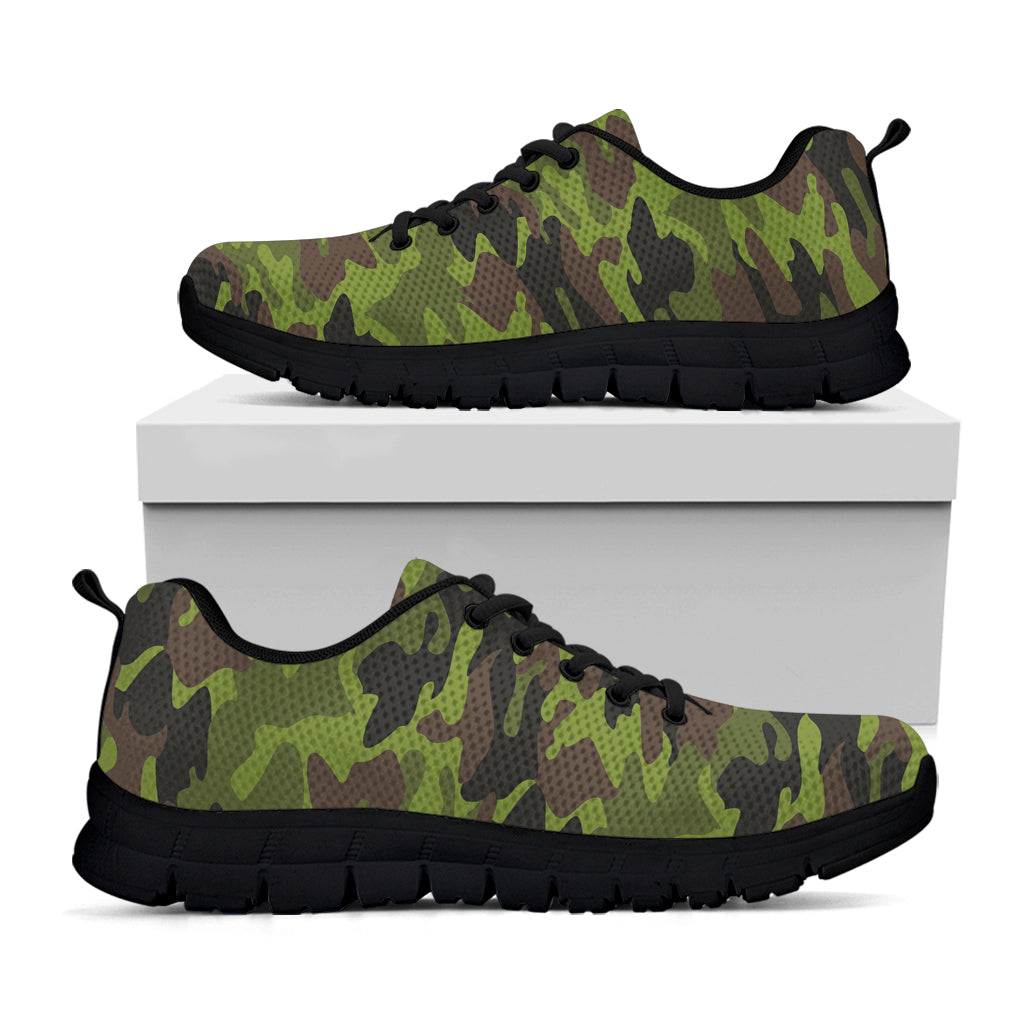 Dark Green And Black Camouflage Print Black Running Shoes