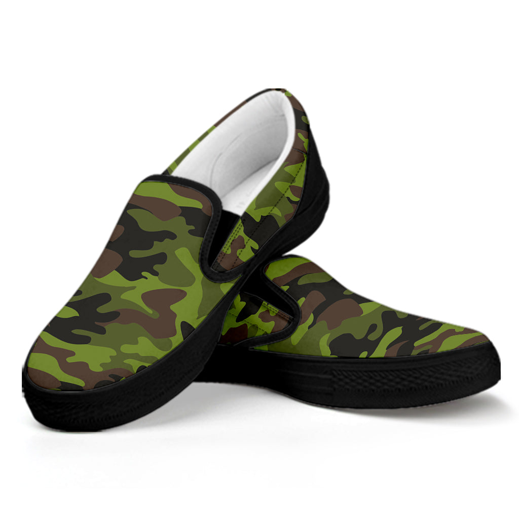 Dark Green And Black Camouflage Print Black Slip On Sneakers