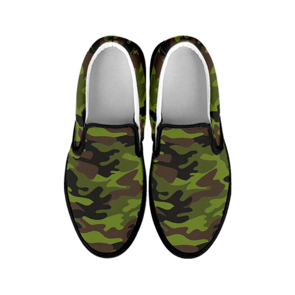 Dark Green And Black Camouflage Print Black Slip On Sneakers