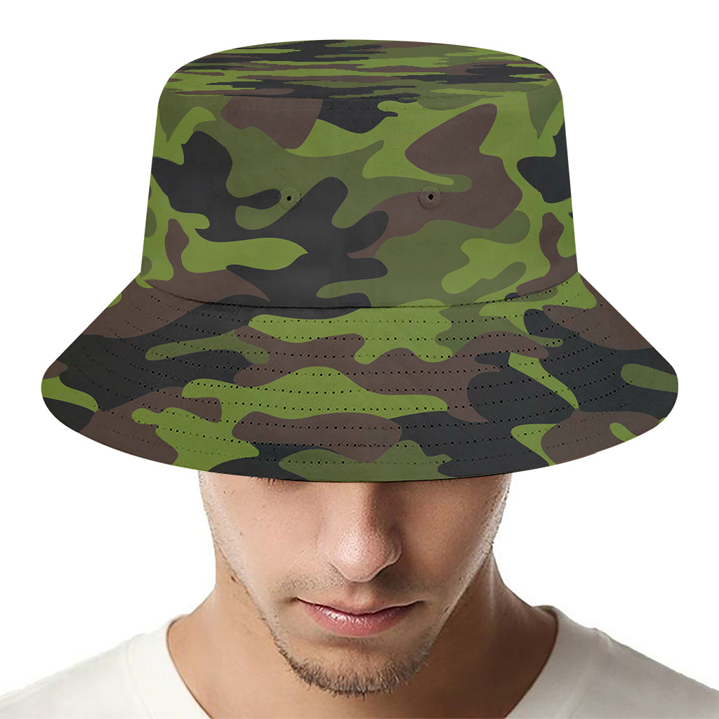 Dark Green And Black Camouflage Print Bucket Hat