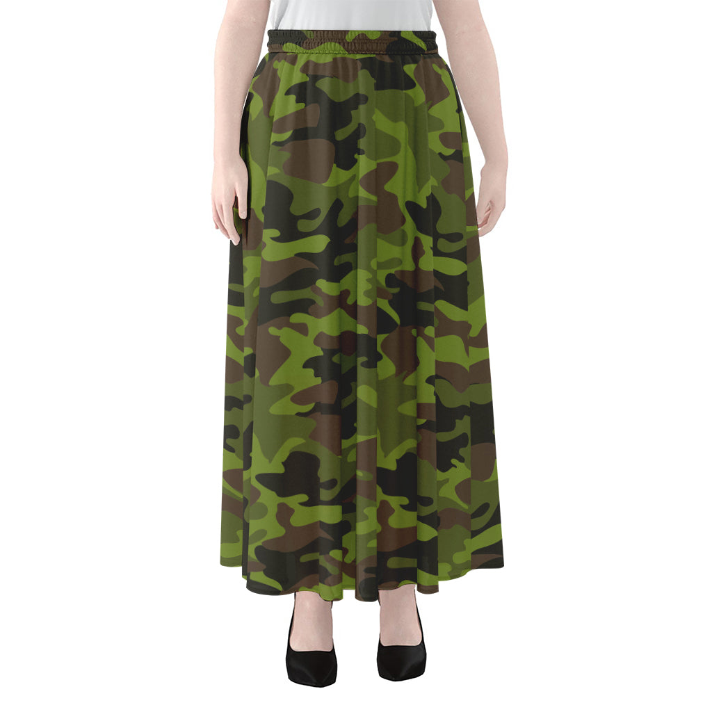 Dark Green And Black Camouflage Print Chiffon Maxi Skirt
