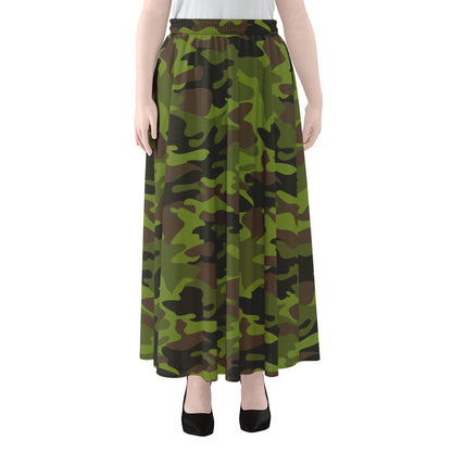 Dark Green And Black Camouflage Print Chiffon Maxi Skirt