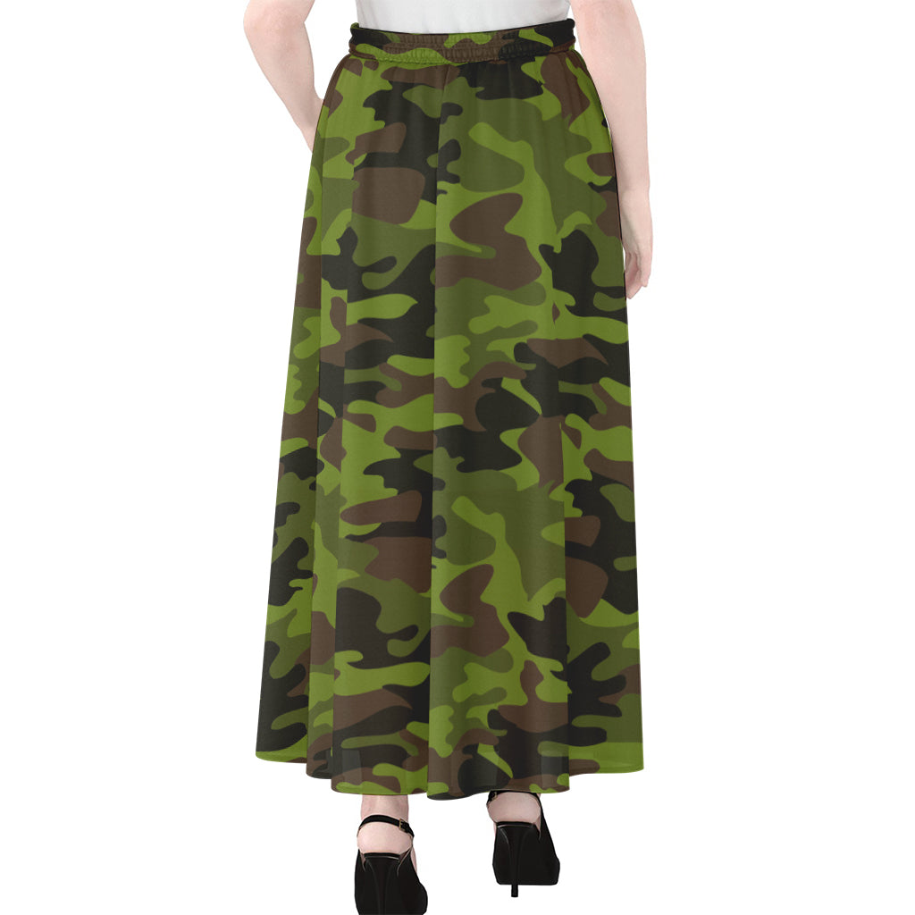 Dark Green And Black Camouflage Print Chiffon Maxi Skirt