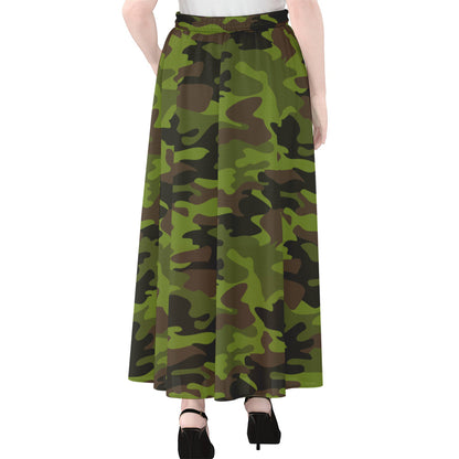 Dark Green And Black Camouflage Print Chiffon Maxi Skirt