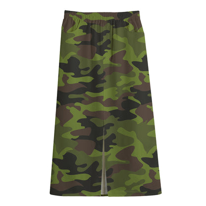 Dark Green And Black Camouflage Print Cotton Front Slit Maxi Skirt